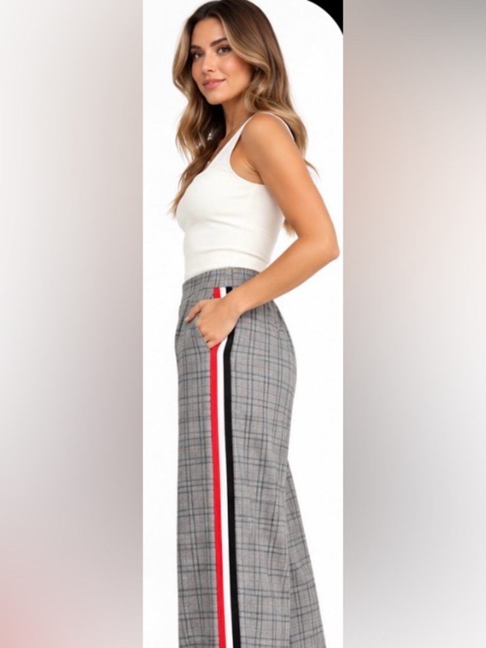 COMMENSE Gray Plaid Side Stripe Wide Leg Pants Medium NWT - Picture 2 of 5